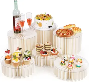6-Pack Foldable Multi-Height Buffet Risers - 12" White Cardboard Cylinder Stands with Acrylic Plates for Wedding Cakes, Dessert Tables, Charcuterie Displays