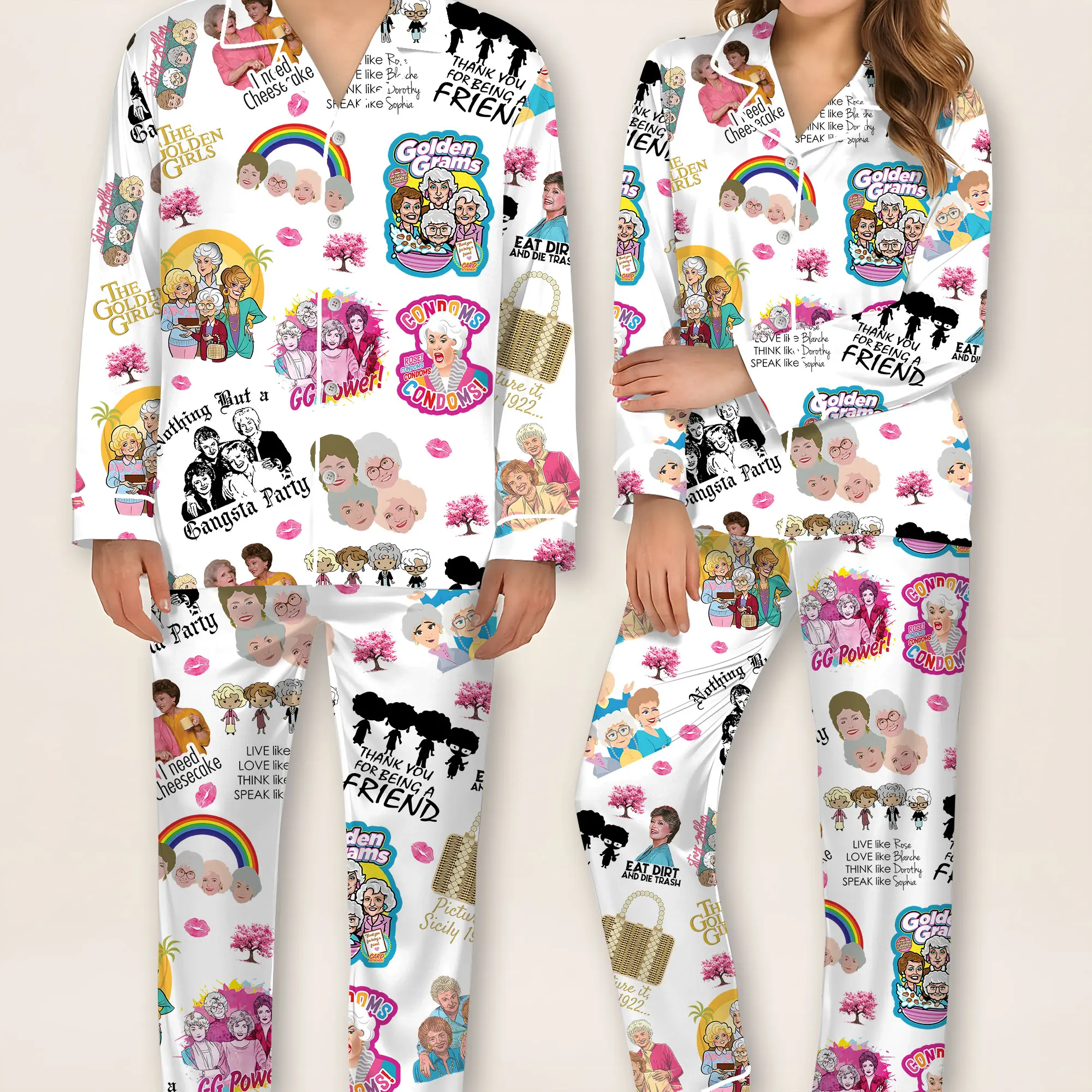 Golden Girls Pajamas Set for Women, Comfy Retro Satin 2-Piece Matching Loungewear, Funny 80s TV Show Print with Pockets, Friendship Gift, Casual Comfy Pyjama, Stay Golden Sleepwear, Pajama Chic, Matching Pajamas Set