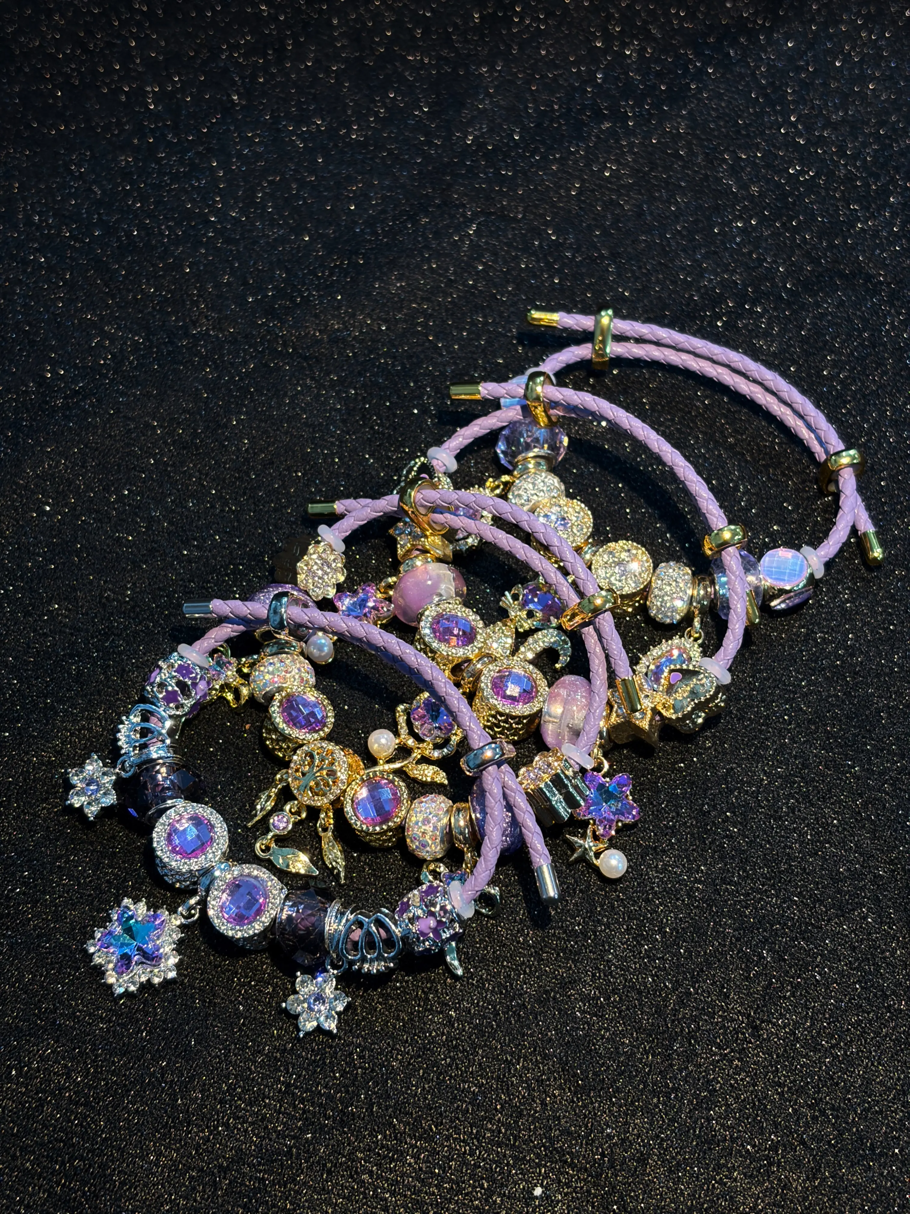 Purple Leather Cord Charm Bracelet Set for Women Girls, 4 Styles with Different Pendants, 3 Gold Tone & 1 Silver Tone Adjustable Pull Bracelets, Fashion Beaded Wrist Jewelry Gift