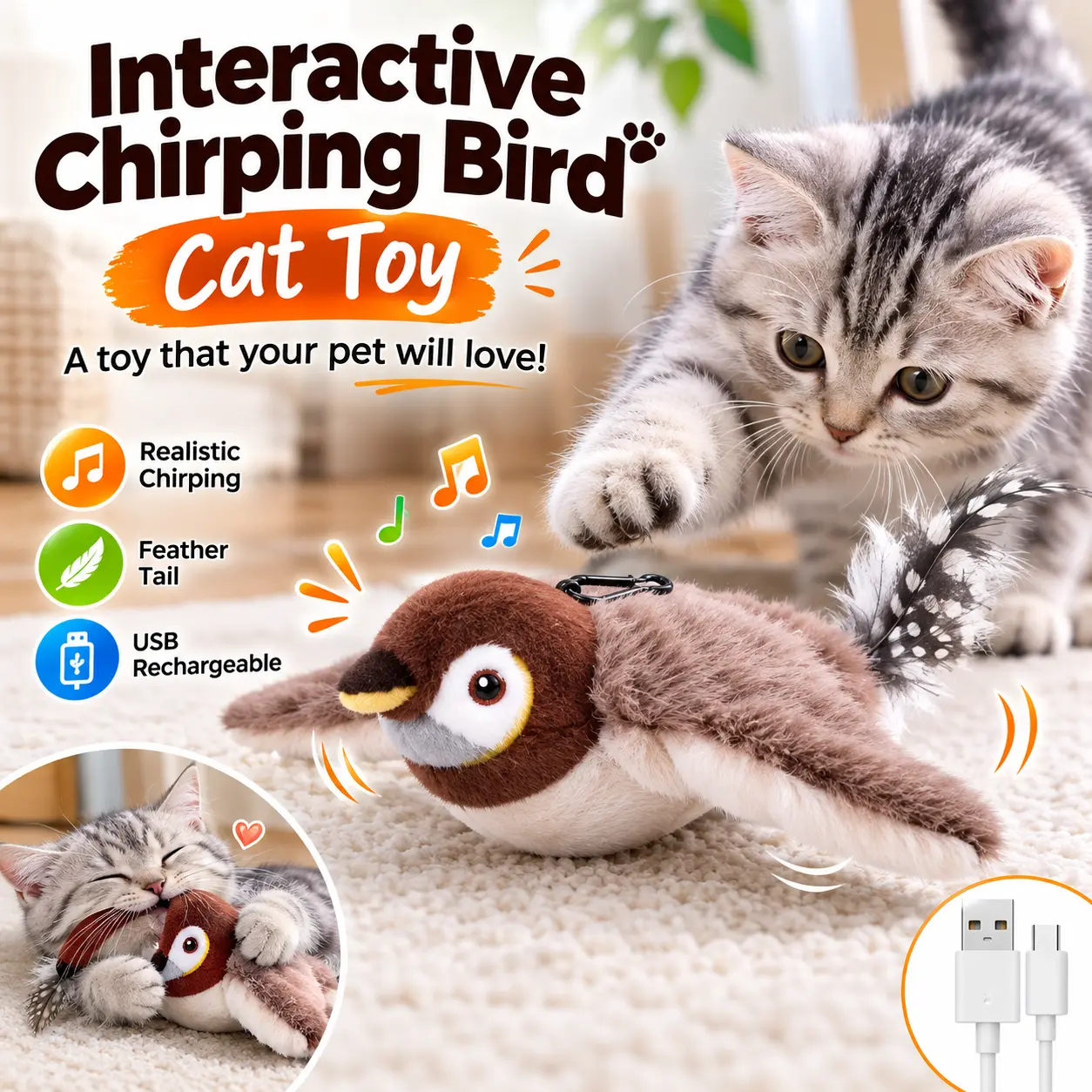 Interactive Cat Toy, Chirping Bird Cat Toy, USB Rechargeable Cat Toy, Touch Activated Flapping Bird, Plush Bird Toy for Cats, Real Feather Cat Toy, Indoor Cat Exercise Toy, Kitten Hunting Toy, Pet Enrichment Toy, Bite Resistant Cat Toy