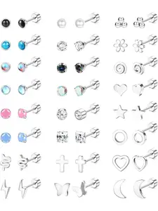 24 Pairs 20G Flat Back Earrings Surgical Steel Screw Back Stud Earrings Tiny CZ Opal Moonstone Turquoise Ball Star Heart Pearl Flower Small Earrings Tiny Silver Stud Earrings Jewelry for Women