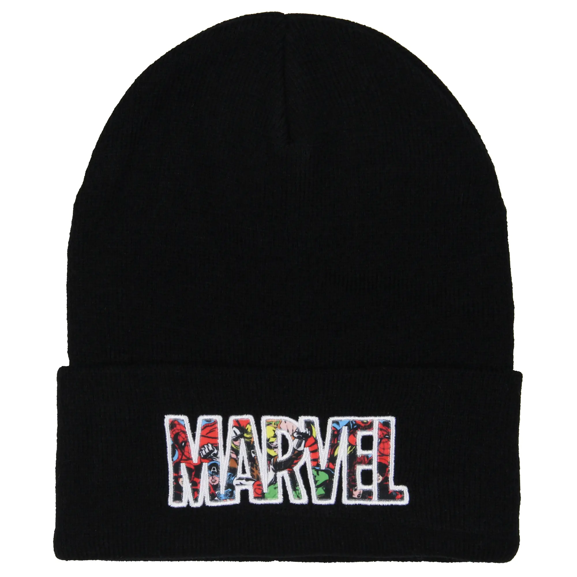 Marvel Comic Logo Stretchy Embroidered Vintage Cuff Knit Beanie Hat, Superhero Graphic Hat for Daily Wear, Superhero Graphic Hats