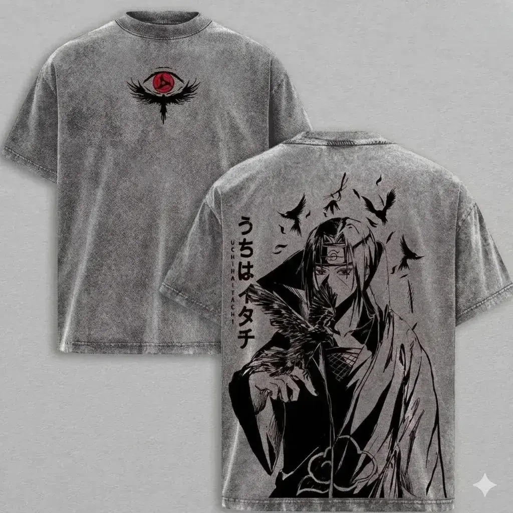 Men's Oversized Akatsuki Red Cloud Vintage Washed Heavy Cotton Short-Sleeve T-Shirt, Naruto Anime Manga Double-Printed Unisex Streetwear Graphic Top, Dark Ninja Organization Edition 5MN (Hoodie Option Available)