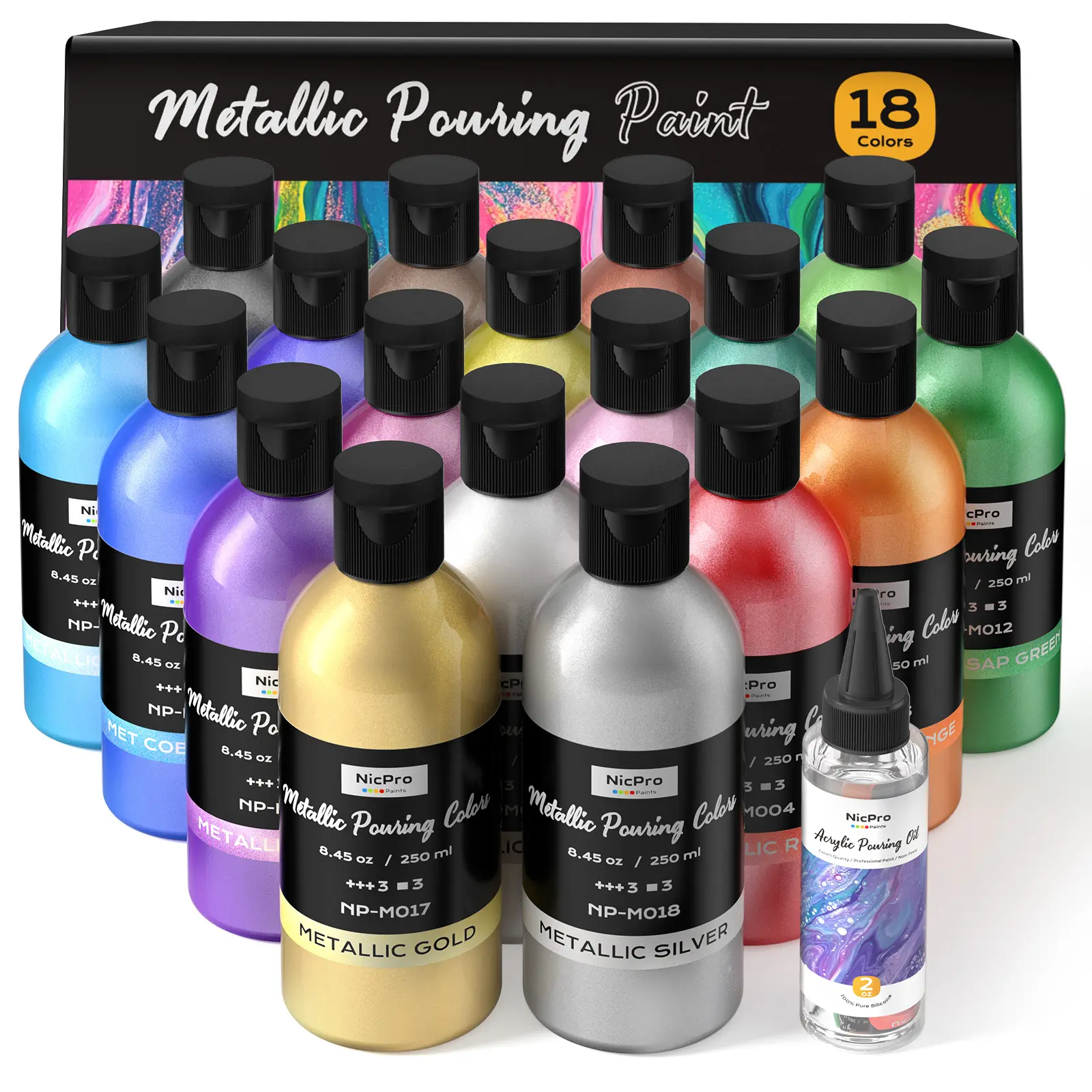 Nicpro Metallic Acrylic Pour Paint Supplies Kit, Large Volume Ready to Pour Premixed High Flow Pouring Paint Set with Silicone Pouring Oil, Gloves, Instructions for Beginner DIY