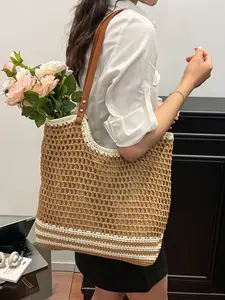Multicolor Hollow Out Straw Tote Bag, Large Capacity Leather Strap Woven Bag, Summer Vacation Beach Commute Versatile Shoulder Bag, Working Bag