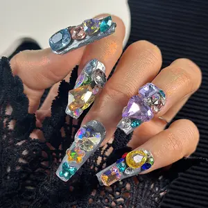 10pcs Long Coffin Nails, Base with Colorful Rhinestones, Handmade Wearable Nail Art, Luxury, Shiny, Wedding, Party, Evening Events