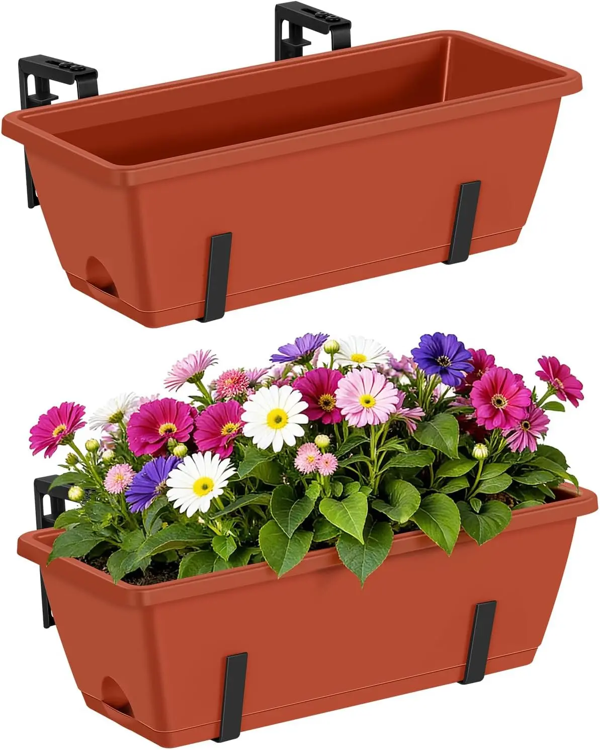 2-Pack 17-Inch Red Rectangular Railing Planter Boxes with Adjustable Brackets, Outdoor Hanging Planters for Patio, Deck/Window (Home Improvement Garden Accessory)
