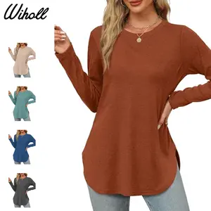 Wiholl Womens Long Sleeve Round Neck Shirts Side Split Basic Loose Tunic Tops Casual 2025 Crewneck Womenswear