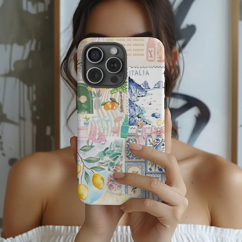 MagSafe Coquette Italian Summer Collage Phone Case, Coastal Italy Phon Premium Film 2 in 1 Phone Case - Durable, Shock Absorbing and Stylish Protection - Compatible with iPhone 16, 15, 14, 13, 12, 11, Plus, Pro, Pro Max, Perfect birthday gift for friends.