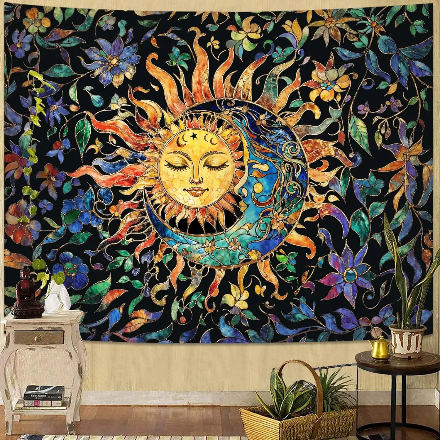 Sun and Moon Tapestry for Bedroom Boho Hippie Floral Wall Tapestry Aesthetic Vintage Stained Glass Plant Small Tapestries Wall Hanging for Living Room Dorm 48 x 36 Inch
