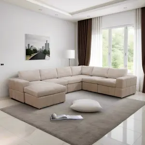Ainehome Beige Cloud Couch Oversized Modular U-Shaped Sectional Sofa Bed with Convertible Sleeper and Corduroy Fabric Retro Style Club Bellas Furniture Outlet Beige Sofa