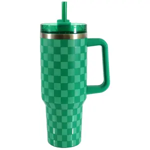 40 oz Stainless Steel Tumbler with Straw and Handle, Double Wall Insulated, Green Check