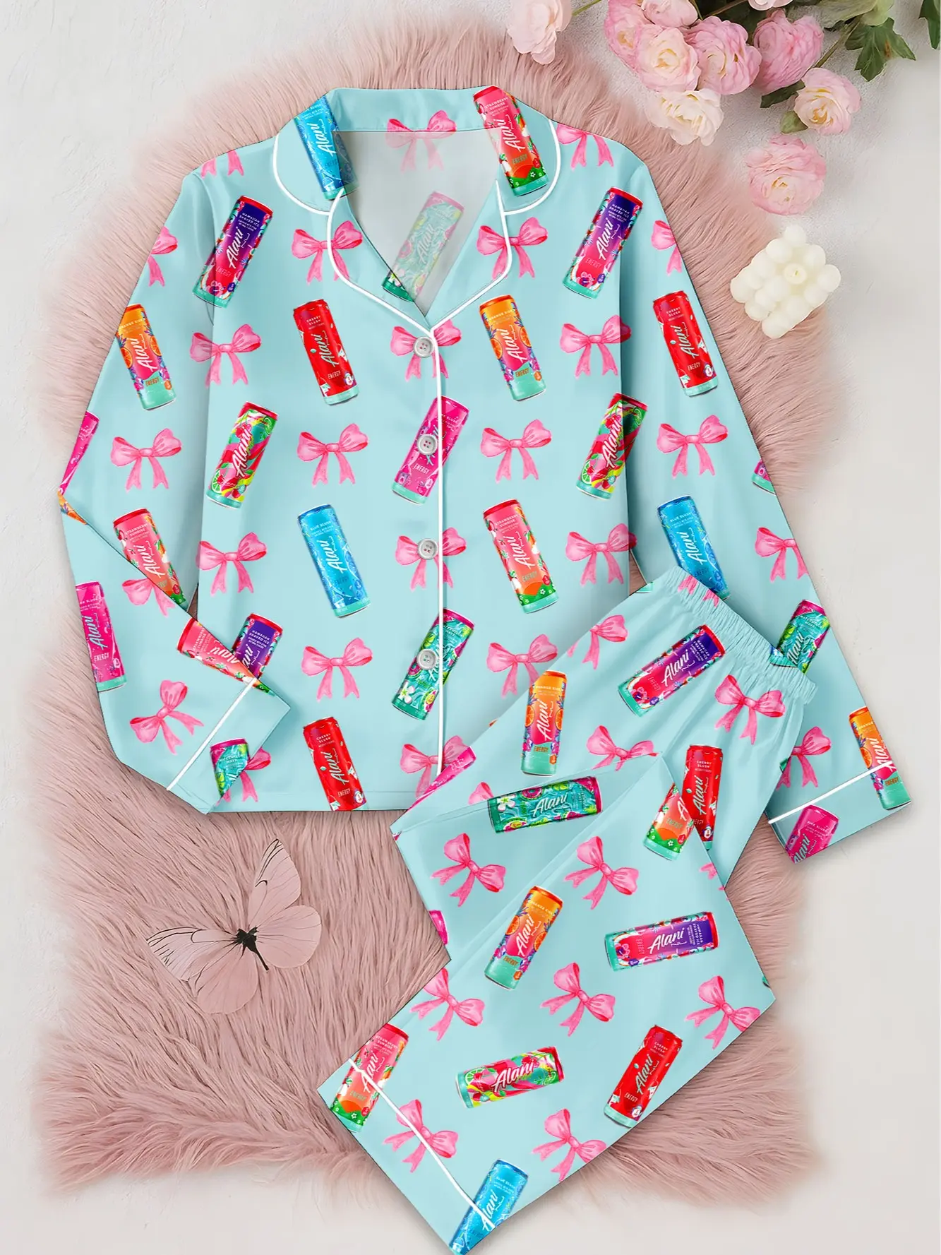 Alani Pajamas Set, Alani Energy Drink Sleepwear, Silky Satin Loungewear for Women, Perfect Gift for Alani Fans