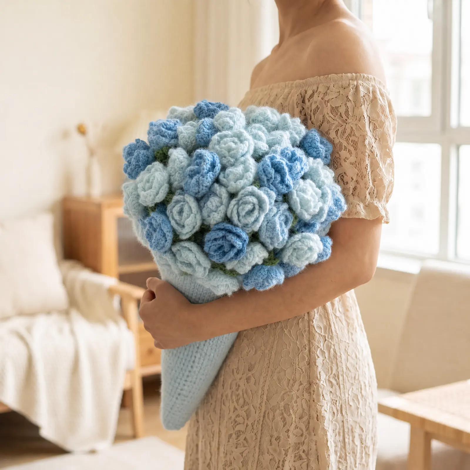 KNITTATRIP Hand-crocheted blanket with a gradient floral pattern; the “Bouquet Blanket” is 55 inches wide—a decorative home accessory suitable for all seasons and a perfect gift for holidays and birthdays.