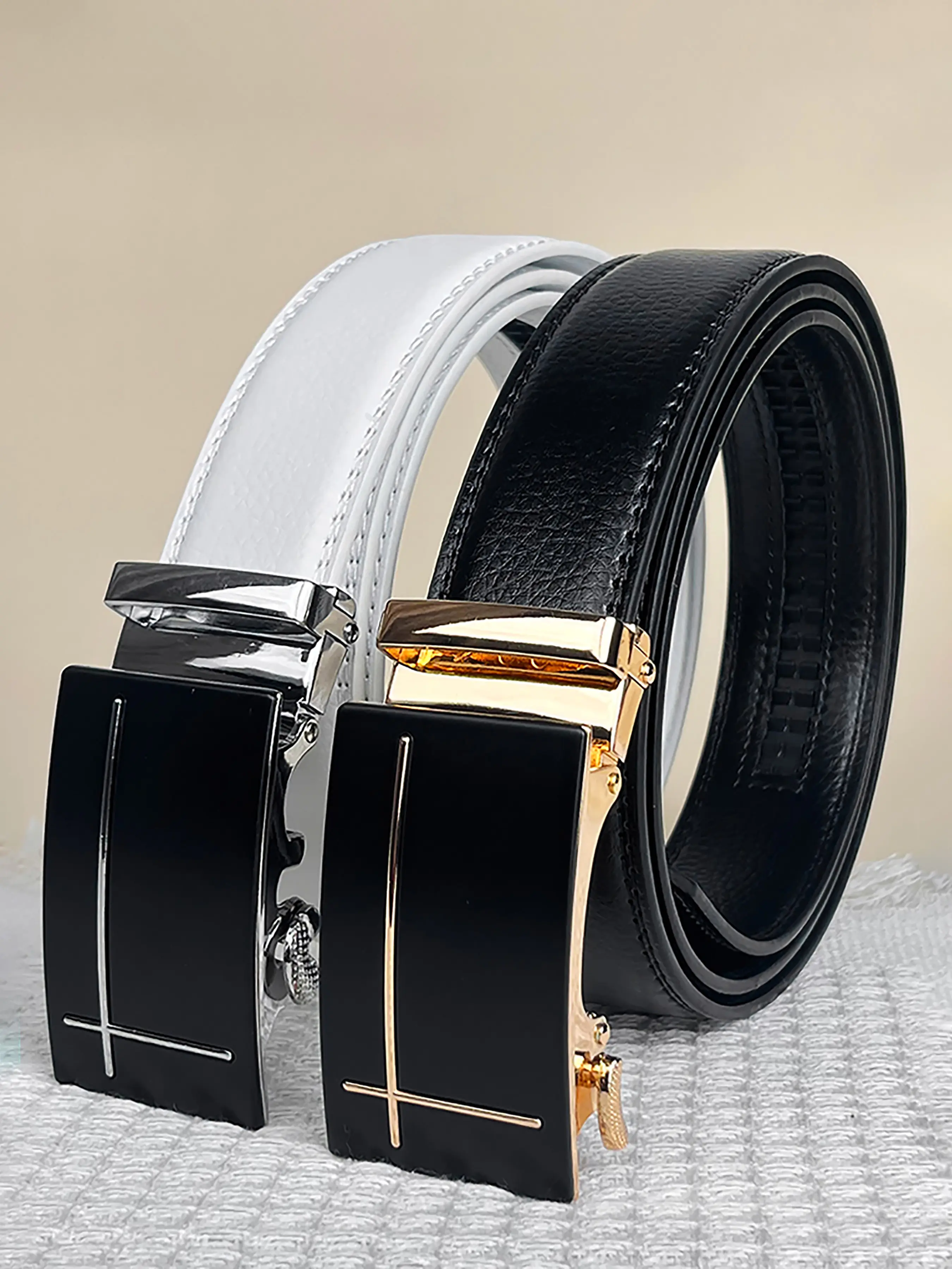 Simple business alloy automatic buckle, gold and silver metal decoration casual belt, adjustable ratchet slot belt, comfortable, easy to operate, a holiday gift for husbands and fathers, Pu leather belt, Casual style belts
