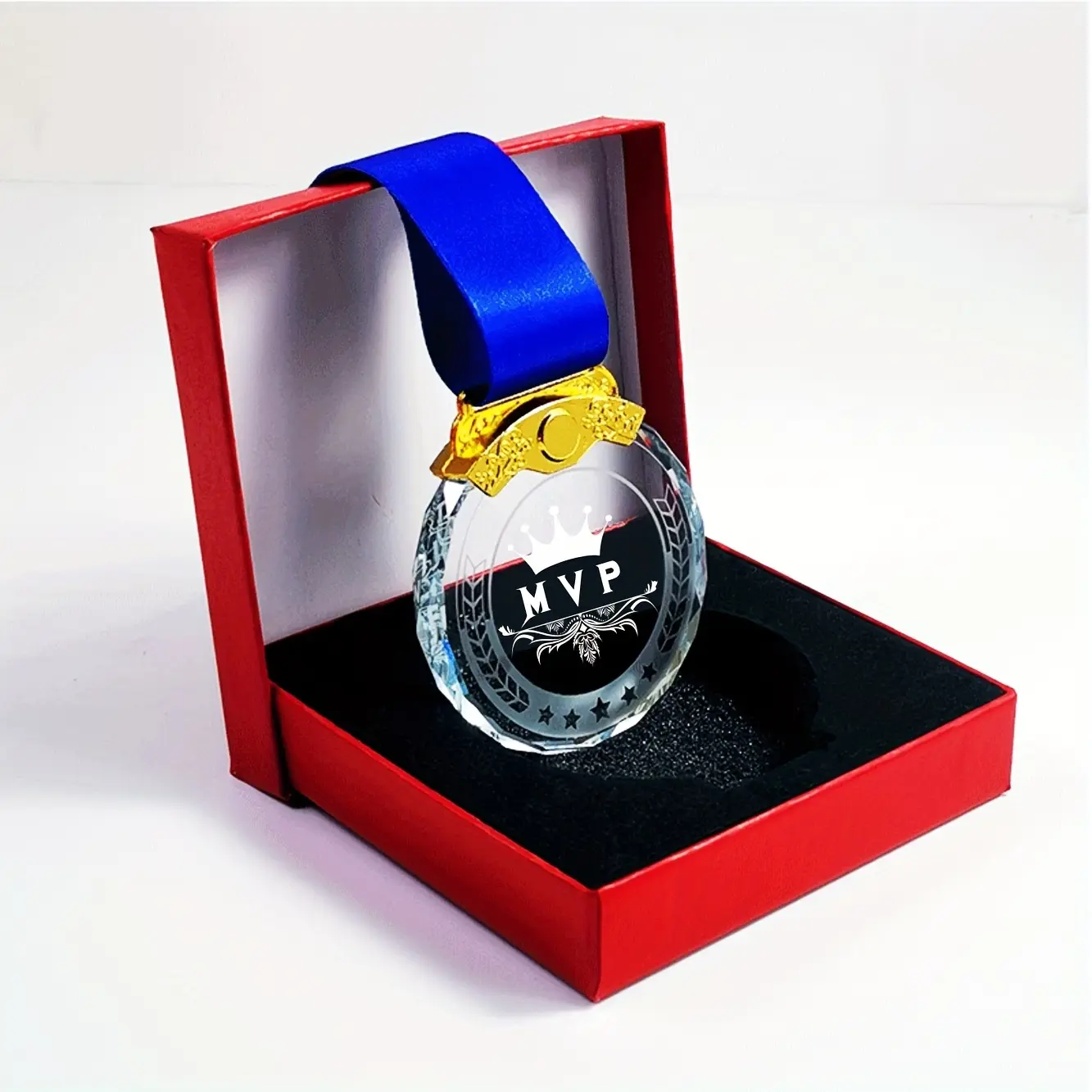 1count Crystal Award Medals Sports Trophy, MVP FMVP Most Valuable Player, 1st Place Champion Winner Finalist, DIY Blank Glass Medal League Travel Games Medals Plaques Trophies, School Student Souvenirs Badge Prize With Ribbon And Gift Box