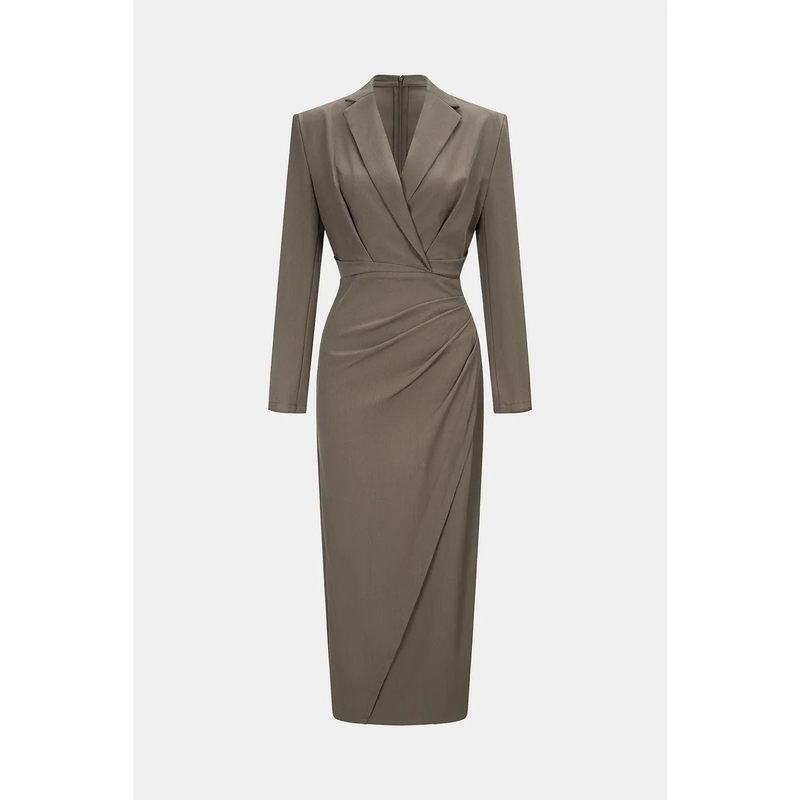 Women's Ruched Notched Lapel Asymmetric Long Sleeve Full Length Dress, Fitted Cut for Office Outfits Women & Corporate Office Wear, Asymmetric Ruching, Polyester Twill