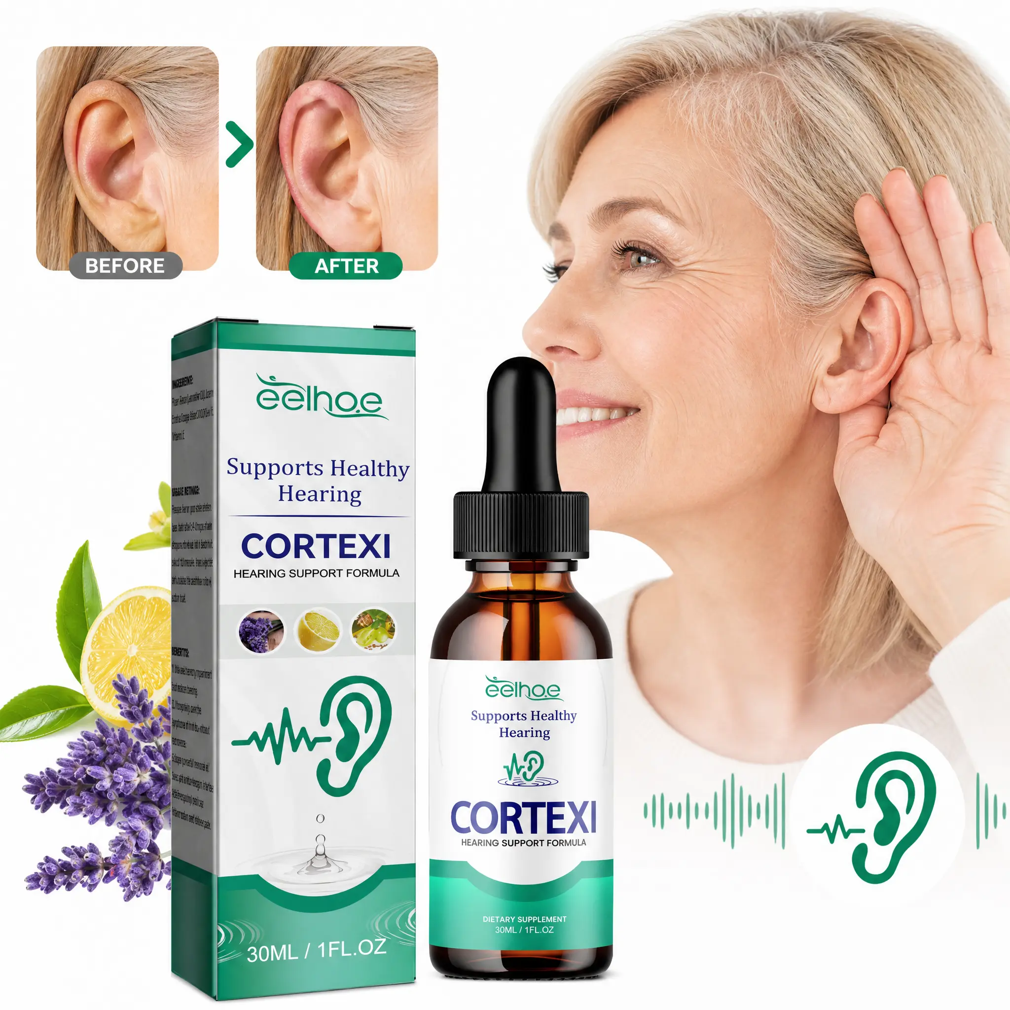 Eelhoe Cortexi Ear Drops - 30ml Bottle with Natural Plant Extracts (Lavender, Lemon, Grape Seed), Tinnitus Relief, Ear Inflammation Treatment, Hearing Support, Cotton Ball Wipe (Home, Party Gift Supply)