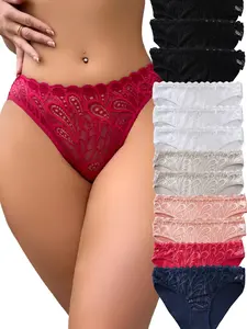 DORSU Lace Underwear Panty Lace Trim Multicolor Lace Briefs Panty High Waist Tangas Panty Elastic Waistband Full Coverage Stretchy Waistband Multipack Breathable Underwear Panty for Womens Fit Elegant Elegance Womenswear  Soft  thong underwear for women
