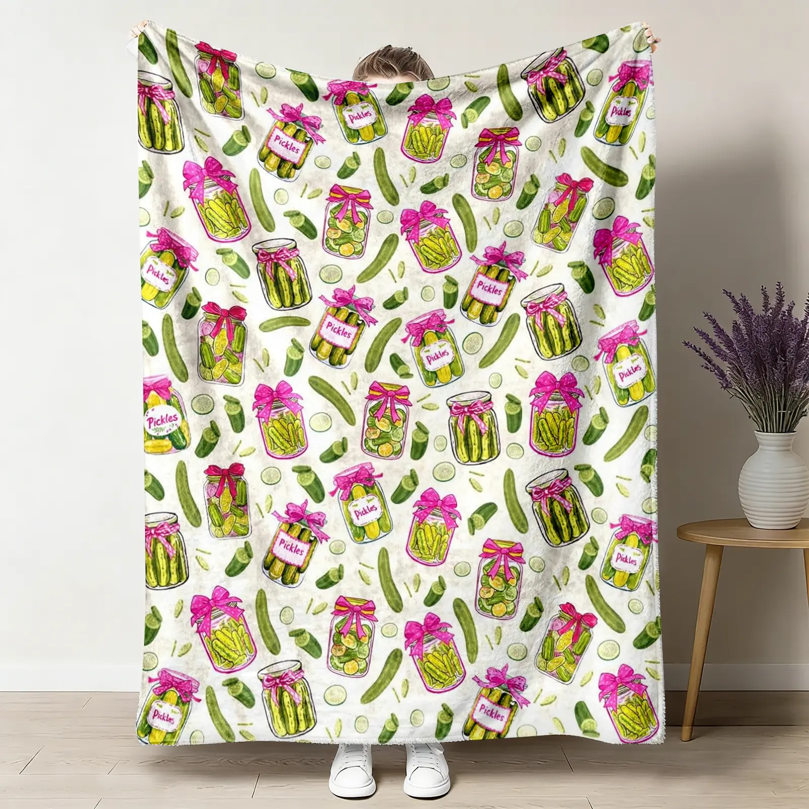 Pickled Print Patterned Flannel Blanket Throw - Classic, Wrinkle Resistant, Stain Resistant, Soft, Durable, PVC-Free, Machine Washable, Travel-Ready, Home Use, 30x40 to 60x80 Inches (50x60 Inches, 60x50 Medium for Teens), Pickle Lover Gift