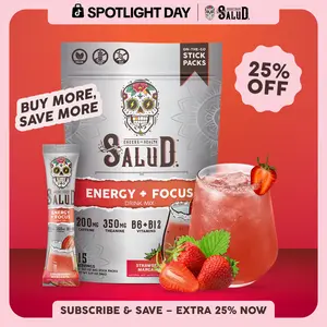 Salud 2-in-1 [Energy + Focus – Strawberry Margarita] Clean Energy Drink Mix, Agua Fresca, Organic Caffeine, B6 & B12, L-Theanine, Drink Packets, Non-GMO, Gluten Free, Vegan, Low Calorie, 1g Sugar (15 Servings)