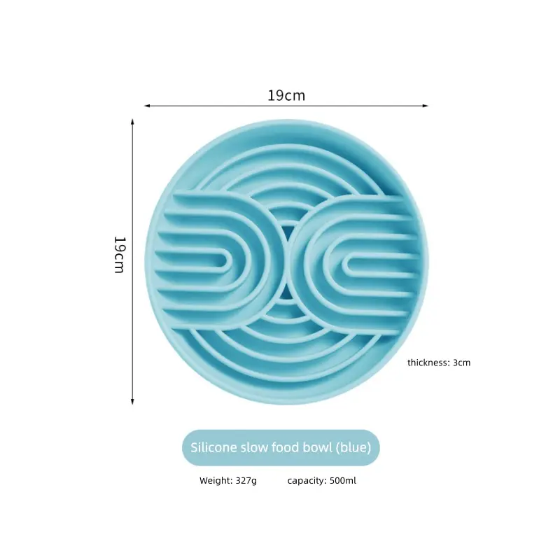 Silicone Slow Feeder Dog Bowl, 500 ml Maze Puzzle Design, 19 cm Round Pet Food Dish for Dogs and Cats