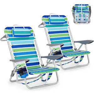 2PCS Backpack Beach Chair for Adults Lightweight Portable Lay Flat Folding Beach Chair with 5 Positions, Backpack Straps, Phone Pocket, Cup Holder & Towel Bar, Support to 300 LBS