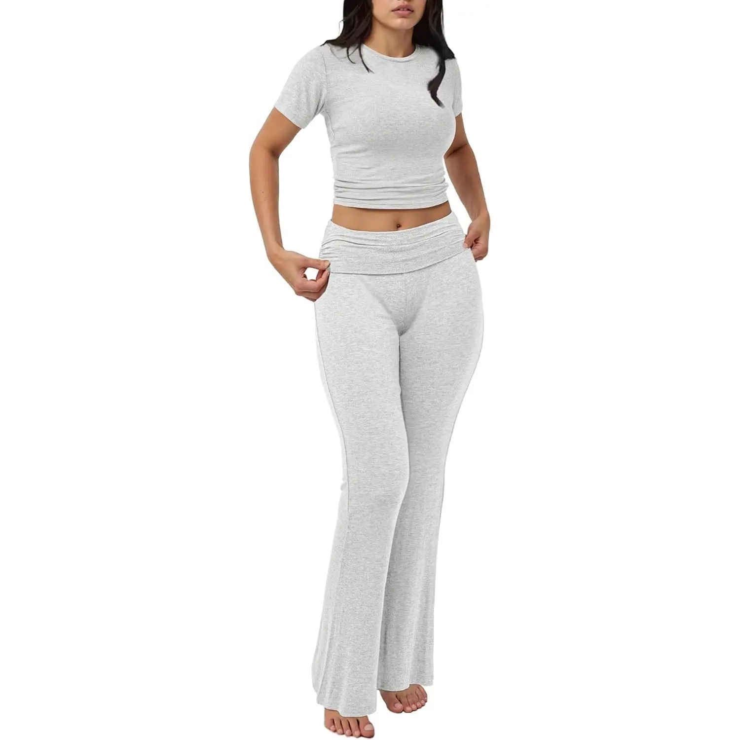 Women's 2 Piece Lounge Sets Short Sleeve Slim Fit Foldover Flare Pants Crop Top Casual Loungewear