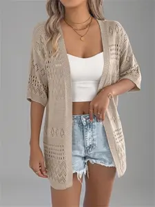 Women's Plain Hollow Out Drop Shoulder Cardigan, Casual Loose Fit Lightweight Half Sleeve Knitwear for Summer, Fashion Women's Knit Clothing for Daily Wear, Basic