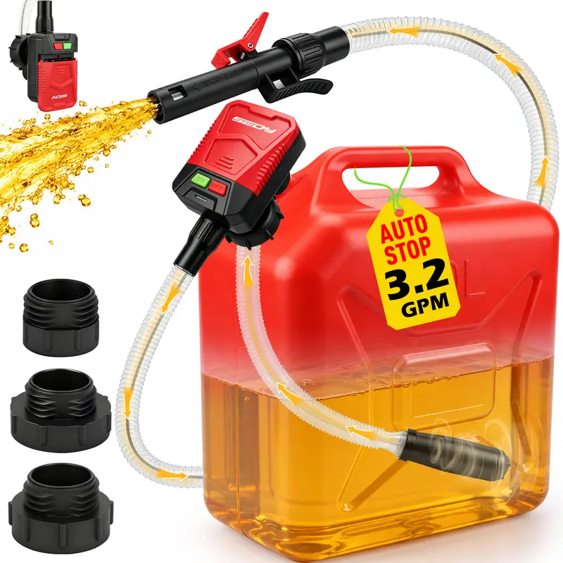 SEDY Portable Automatic Fuel & Gas Transfer Pump - Auto-Stop Full Sensor, 3.2GPM Flow, Easy Setup, Compact Space-Saving Body, Adapters Set, Water Transfer Capability (Not for VP Cans)