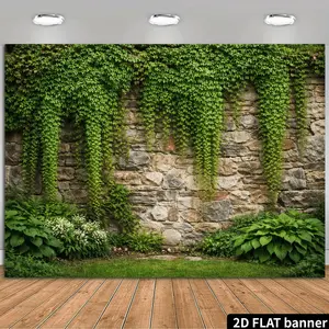 2D Flat Banner, 1pc Natural-style Stone Wall with Creeping Ivy Backdrop. Lush Foliage Cascades Down, Complemented by Green Plant Accents, Presenting a Vibrant Outdoor Scene. Suitable for Home Wall Decor, Photograp