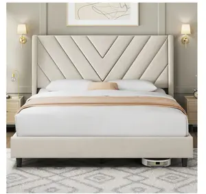 Upholstered Platform Full Bed with Slat Support, Beige