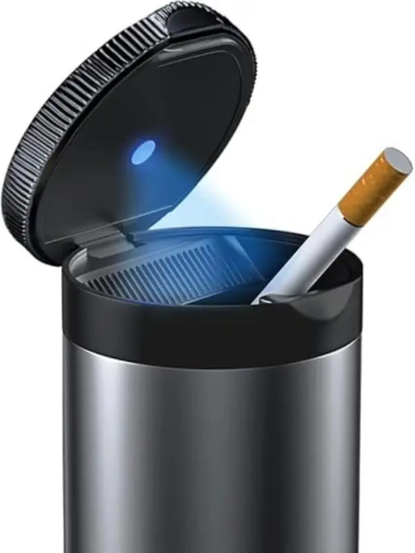 Ashtray with Lid,Smokeless Ashtray for Cup Holder Smell Proof,Detachable Stainless Steel Car Ash Tray with LED Auto Light, for Most Car, Office, Home (Grey)