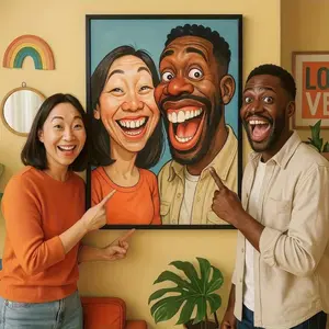 2D Flat, Personalized Funny Couple Portrait - Selfie Stick Pose Customized Photo-to-Cartoon Art - Vintage/ Deco Style Wedding, Anniversary, Valentine's Day, Father's/ Mother's Day, Christmas, Halloween Gift - and Colorfast Canvas Painting, 2D Flat