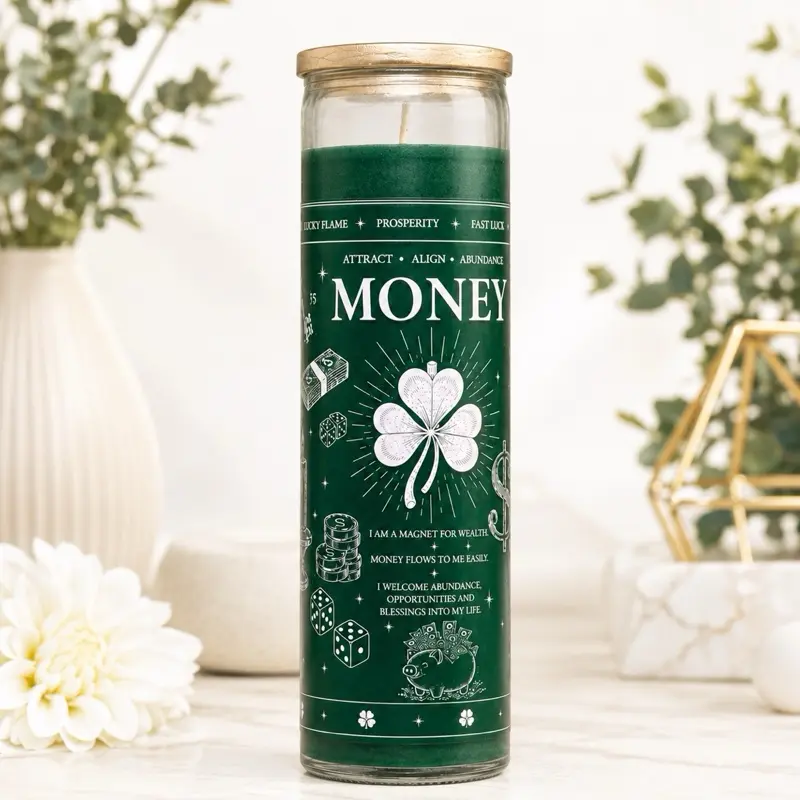 Money Prayer Candle 7 Day Intention for Fast Luck, Prosperity, Abundance, Motivation, Health, Money