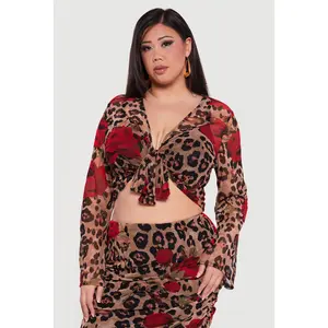Plus Size Patterned Long Sleeve Mesh Tie Front Crop Top