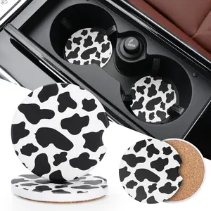 Cup Coasters -  Cup Mat 2 Pack - 2.56'' Ceramic  Coasters for Cup Holders - Absorbent  Coaster with Cork  and Finger Notch for Easy Move of Auto Cup Holder The Cow
