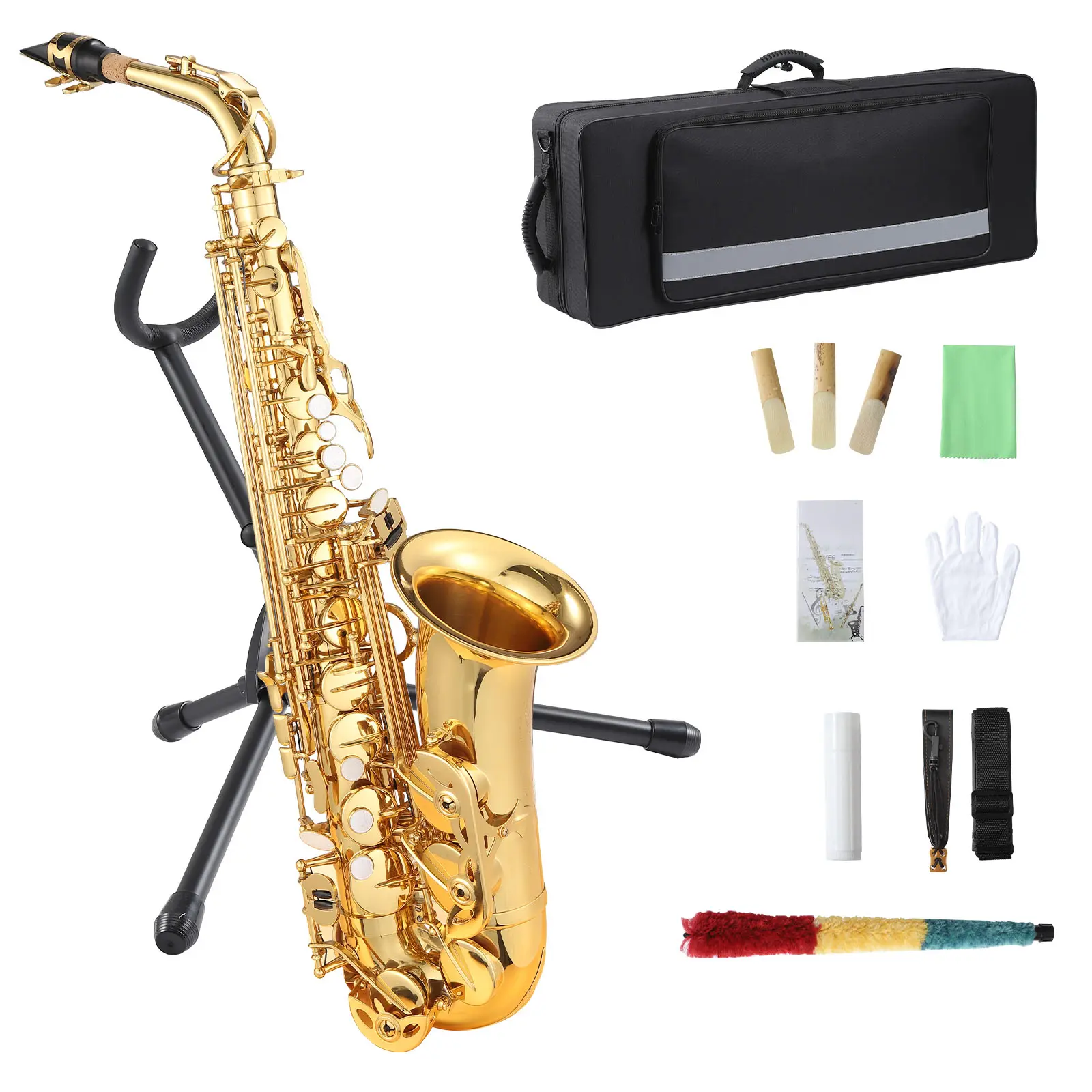 Generic Brand High Gloss Gold Lacquer Brass Eb Alto Saxophone Set for Students & Beginners, Professional School Band Starter Kit with Stand, Backpack Case, Mouthpiece, Reeds & Cleaning Kit, Easy to Play for Kids & Adults, Musical Instruments, Saxophones