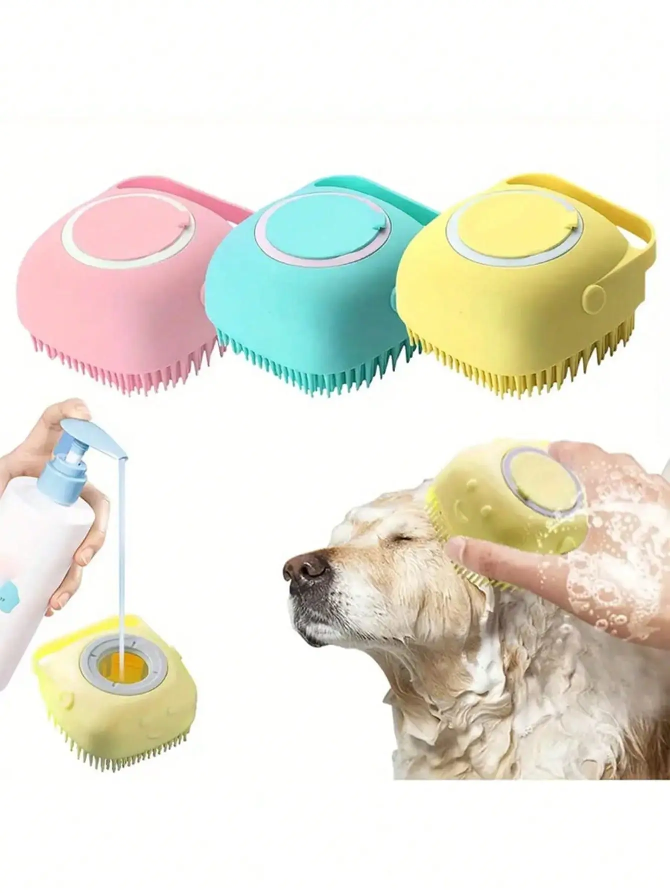 1pc Pet Bathing Brush And 2pcs Silicone Dog/Cat Toothbrush With Built-In Soap Dispenser, Grooming & Massage Function