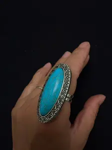 Vintage Turquoise Style Oval Statement Ring Western Boho Adjustable Silver Tone Ring Navajo Inspired Jewelry