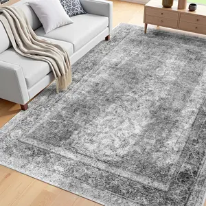 Large Area Rug 6 x 9 Ft Non Slip Anti Skid Tear Resistant Durable Floor Mat For Living Room Bohemian Gray Color Soft Pile Surface Non Slip Backing Easy Care Machine Washable Indoor Use Pet Friendly Heavy Duty Comfort