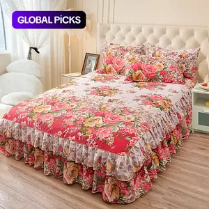 Floral Print Ruffled Edge Bed Skirt Set, 3-Count Soft Bedding Set Including 1 Bed Skirt and 2 Pillowcases without Filler, Comfy Decorative Bedding for Home Bedroom Bedskirt Set #GLOBAL PICKS