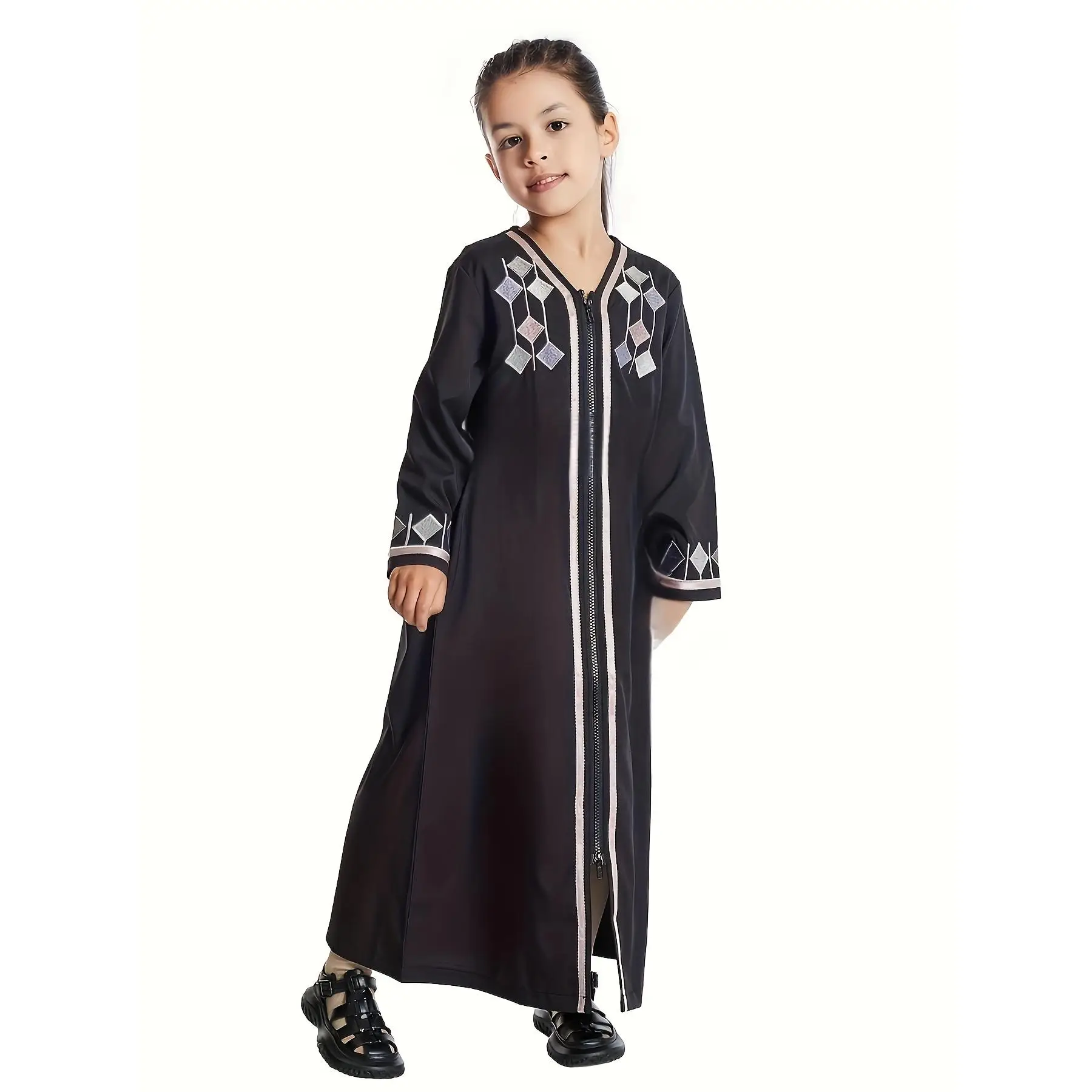 Girls' Elegant Long-Sleeve Kaftan Dress - V-Neck, Loose Fit, Polyester, Zip-Up Middle Eastern Attire for Ramadan - Available in Black, Purple, Pink