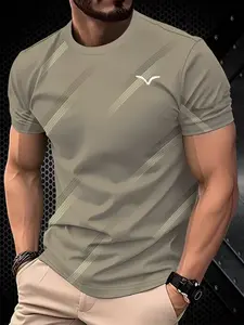 Men's Casual Striped T-Shirt, Olive with Gold Accents, Regular Fit Round Neck, Breathable Fabric, Street Style, Streetwear, Menswear