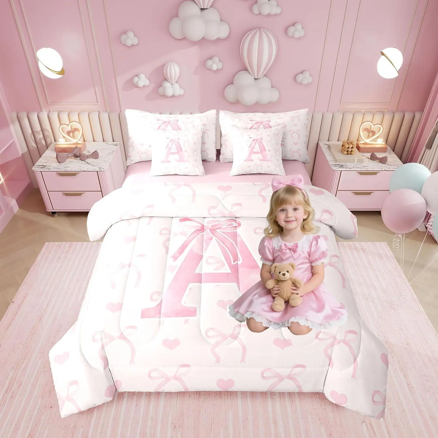 Feelyou 7-Piece Ultra Soft Fiber Bedding Set - Soft Warm, Cute Bedding Sets, Machine Washable, Multi-Size, Romantic Blush Pink Alphabet Comforter with Bows, Butterfly Knots, Love Hearts for Girls, Ideal for Christmas, Valentine's Day, Soft Warm Bedding