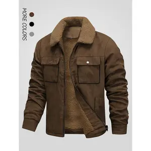 [Winter Warmth Fleece Bomber Jacket] Men's Winter Fleece-Lined Bomber Jacket - Casual Outdoor Warmth with Zip Closure, Polyester, Solid Color