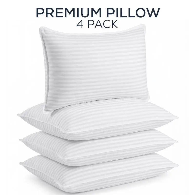 Utopia Bedding Hotel-Quality Queen Size Pillows - 4-Piece White Striped Soft Contoured Set for Back/Side Sleepers, Room Accessories, Aesthetic Room Decor, Bedroom Items