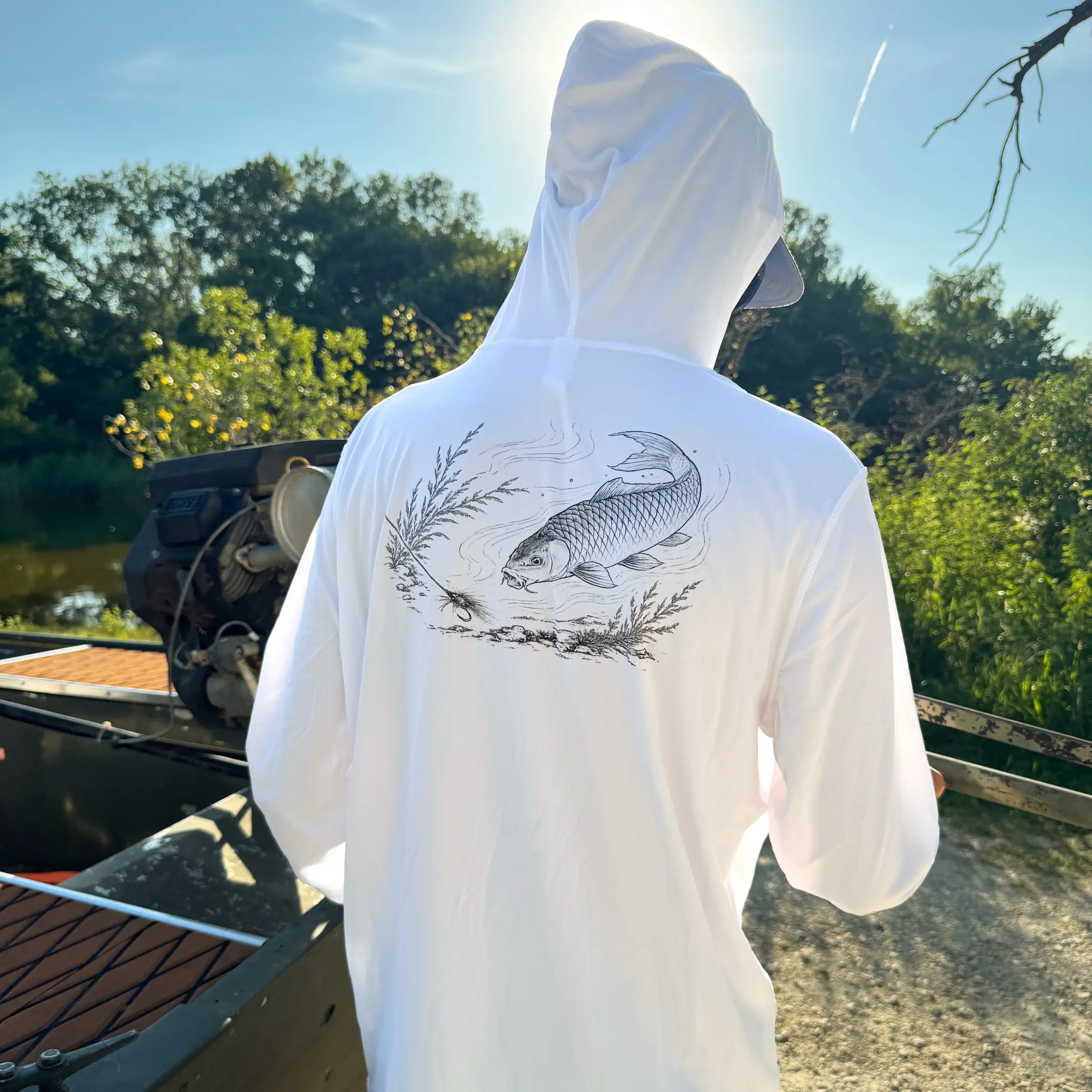 Druthers Fly Co. "Carp chasing the fly" hooded fishing shirt