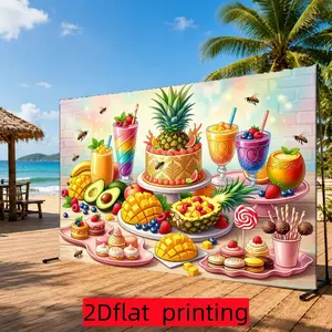 2D Flat Banner 1pc, Backdrop, Colorful Fruit Dessert Theme, Pineapple Cake Drink Decor, Birthday Party/Summer Gathering/Baby Shower/Photography Prop/Restaurant Window Display, Polyester, Indoor & Outdoor