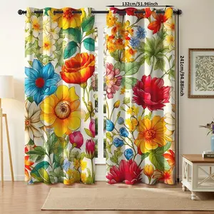 2pcs Colorful Floral Curtains Rod Pocket, Window Curtains, Vibrant Drapes for Bohemian Homeowners, Bold Decor Fans, Living Room Bedroom Use